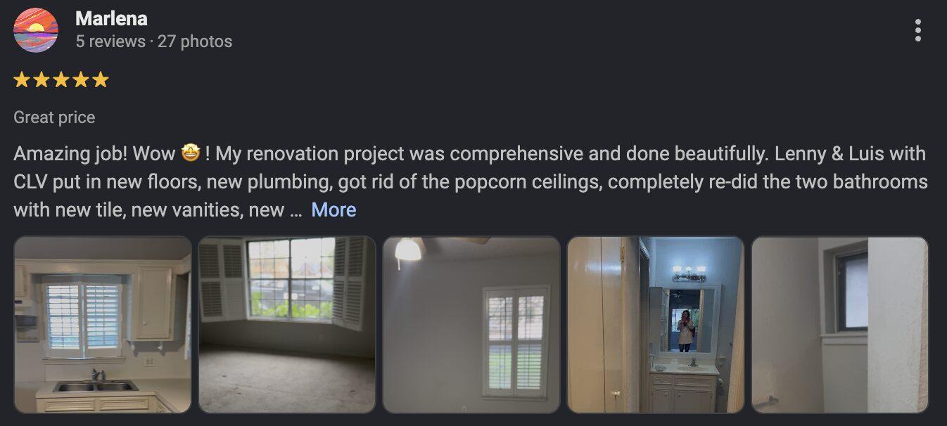 5-star Google review from Marlena praising CLV renovation work